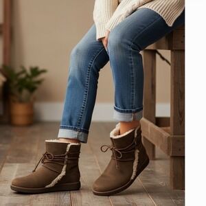 UGG Luisa Leather Ankle Boots Shearling Lined Wrap Lace Brown Winter Size 8